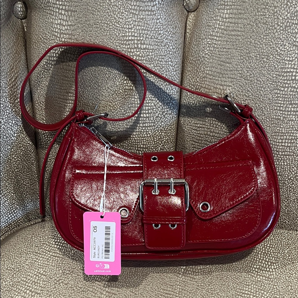 Edikted Red Patent Shoulder Bag with Buckle Strap